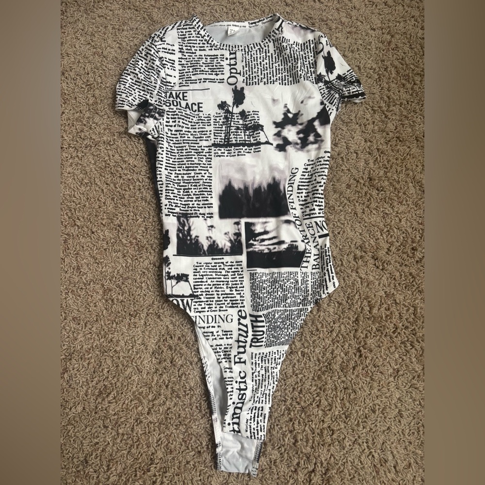 Black and White Newspaper Print Bodysuit